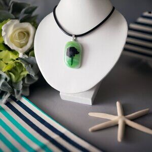 Bright green white black artisan abstract flower fused glass pendant necklace